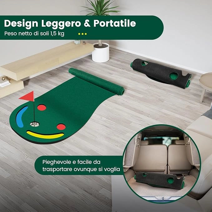 Set di Putting da Golf, Tappetino da Putting con 3 Fori per il Putting, 1 Bandierina e Coperture per Buca da Golf per Allenarsi al Putting, Putting per Uso Interno ed Esterno, 300 x 96 CM