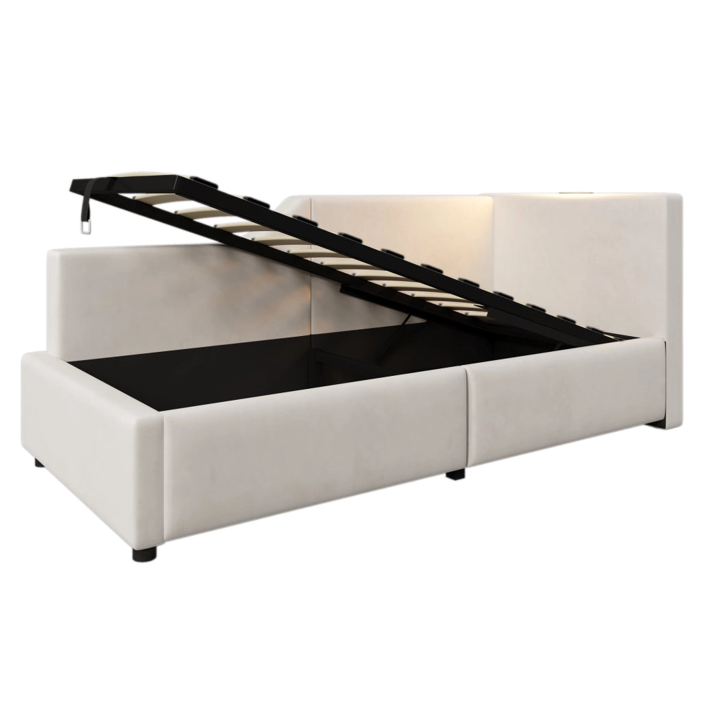 Letto da giorno 90x200 cm con contenitore idraulico, USB-C e lampada beige