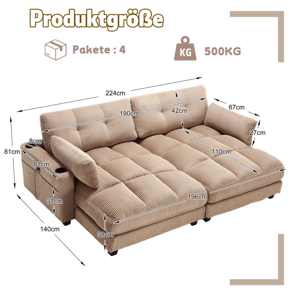 Divano modulare 2 posti in tessuto a coste con portabicchieri, tasche laterali e porte USB, khaki 224 × 140 × 81 cm