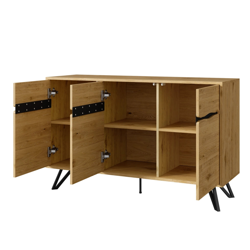 Credenza con 3 Ante e Gambe in Metallo; Design Moderno; in Pannello Truciolare; Nero; 140??40??75;5 cm