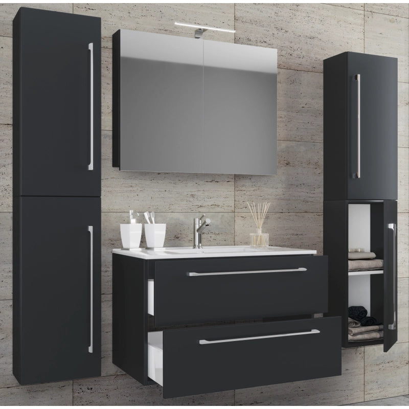 Completo Set bagno 5 Pezzi Mobile sospeso 2 casetti con Lavabo XL in ceramica incl 2 Colonne e mobile specchio, Nero ,