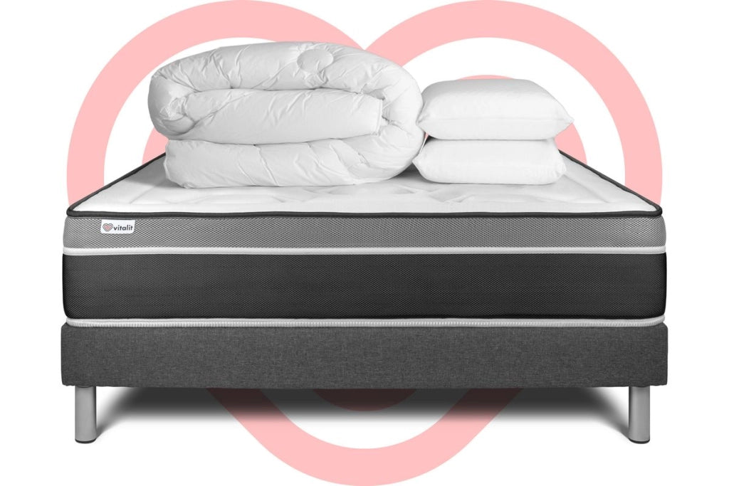 Pacchetto letto completo - Materasso 140x190cm + Box spring con doghe (in kit) + 2 cuscini + Piumino - Vital Care
