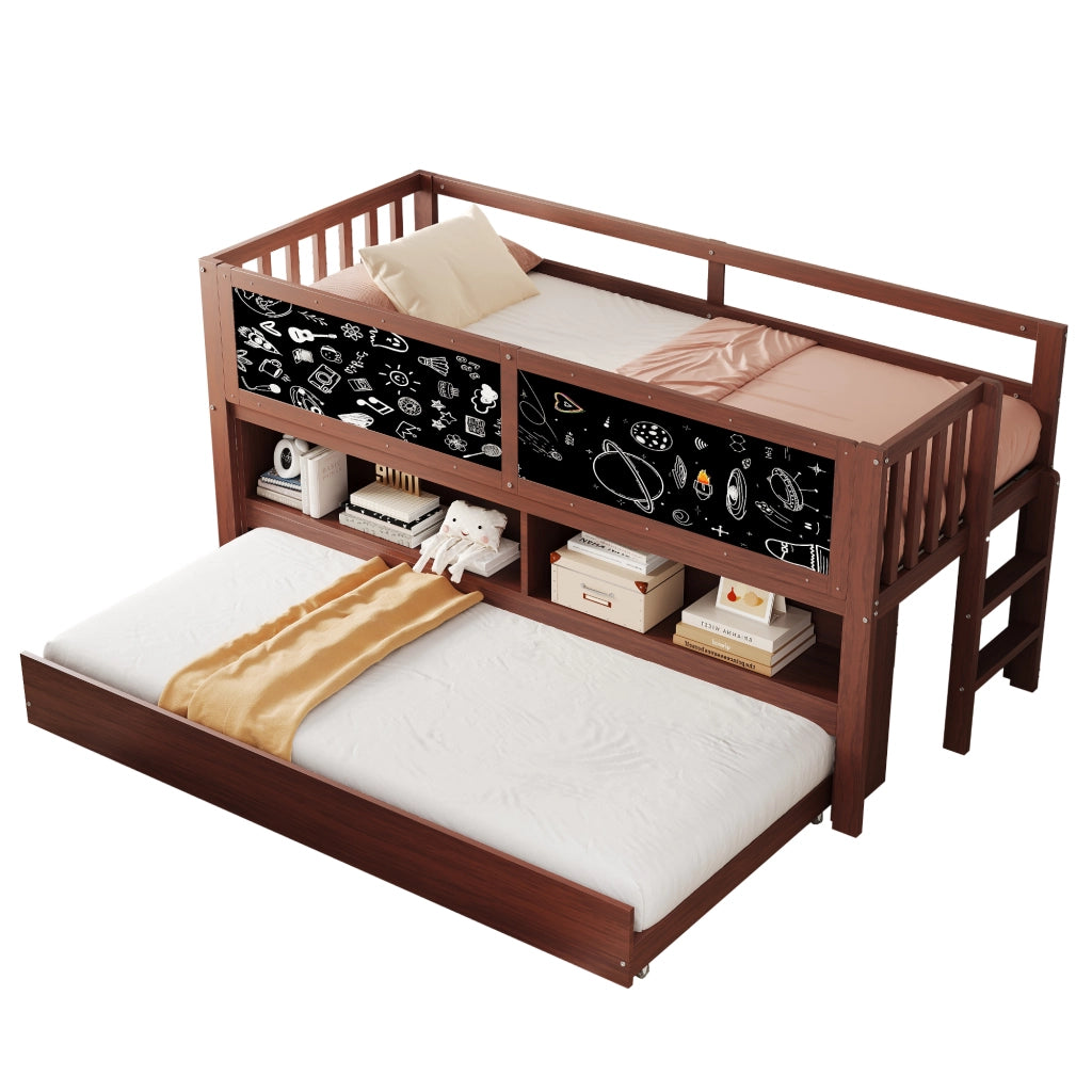 OKWISH Letto a Casetta 90×200 cm, Letto Singolo con Letto Estraibile, Lavagna, Ripiani e Scala, senza Materasso, in Legno, Marrone