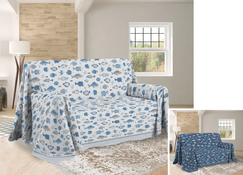 Telo Arredo Multiuso Linea Pensieri Delicati In 100% Cotone Disegno Oceano - Matrimoniale - Blu