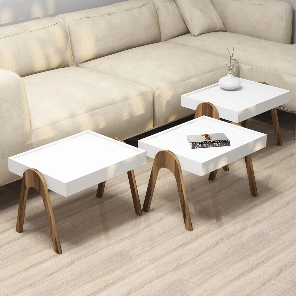 Strembo, Tavolino da Salotto set 3 Pezzi Impilabili, 54x40x64h cm Bianco Noce