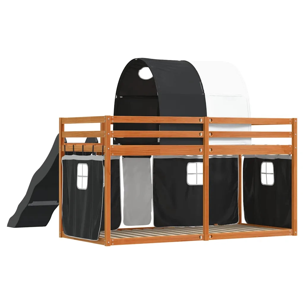 Letto a Castello con Scivolo e Tende Bianco e Nero 90x200 cm