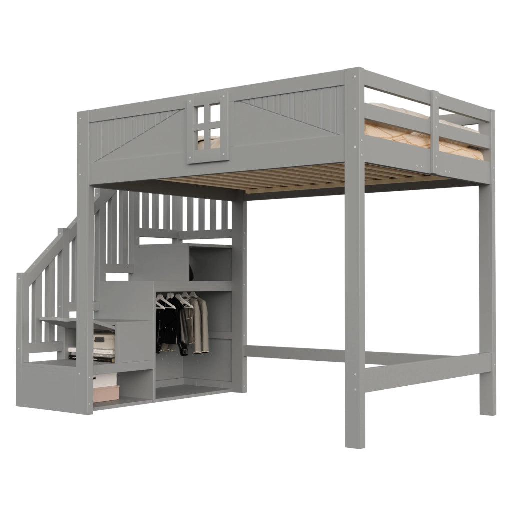 Letto a soppalco 140x200 cm in legno grigio con scala laterale reversibile e vani contenitore