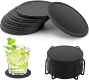Set di 12 sottopiani in silicone, sottopiani per bicchieri, sottopiani per bicchieri in vetro in nero con contenitore per bicchieri, bar, bicchieri, sottopiani per tavolo in vetro
