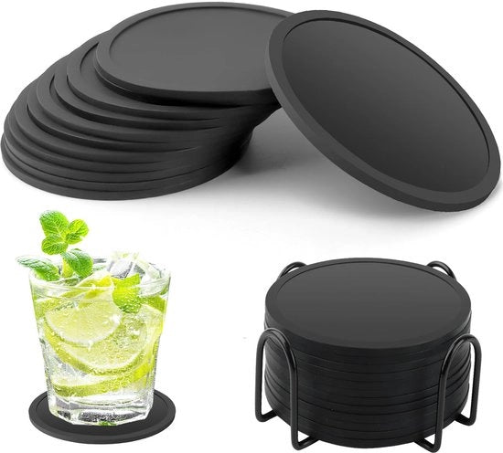 Set di 12 sottopiani in silicone, sottopiani per bicchieri, sottopiani per bicchieri in vetro in nero con contenitore per bicchieri, bar, bicchieri, sottopiani per tavolo in vetro