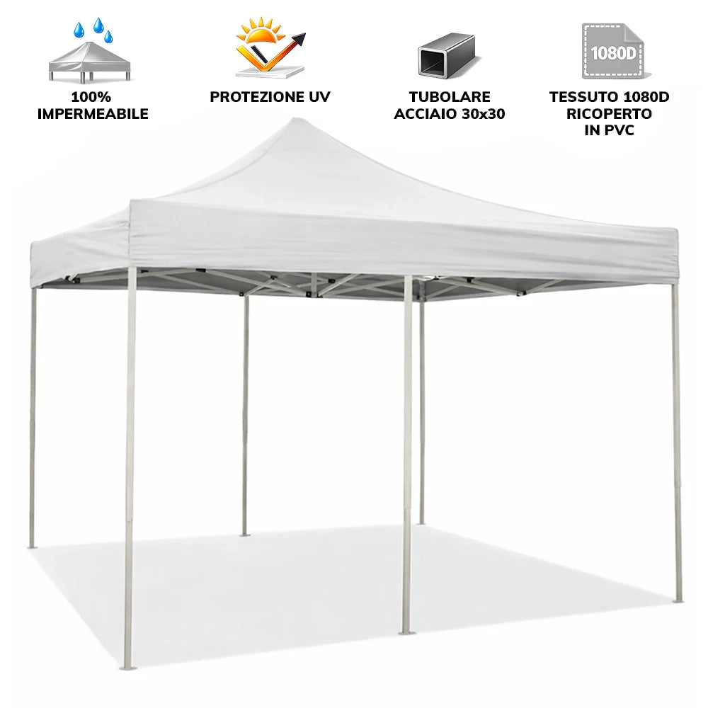 Gazebo richiudibile pieghevole 3 X 6 Bianco ricoperto in PVC impermeabile