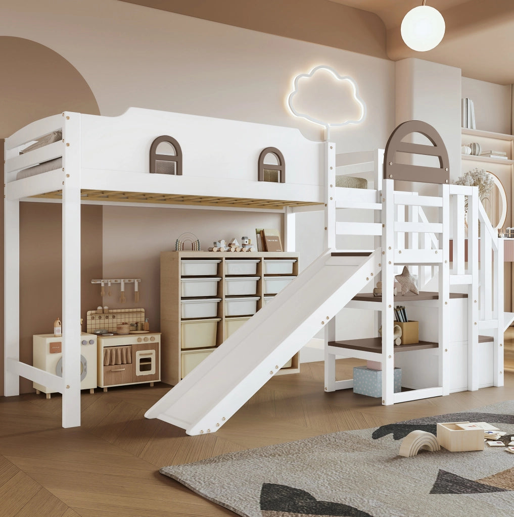 Letto a castello 90x200 cm con scivolo, scala contenitore e finestre, bianco