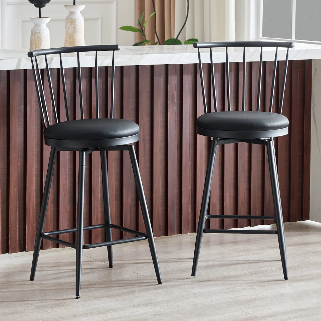 Sgabello da bar in metallo con seduta imbottita in pu e schienale stile windsor nero 73 × 45,5 × 45 cm