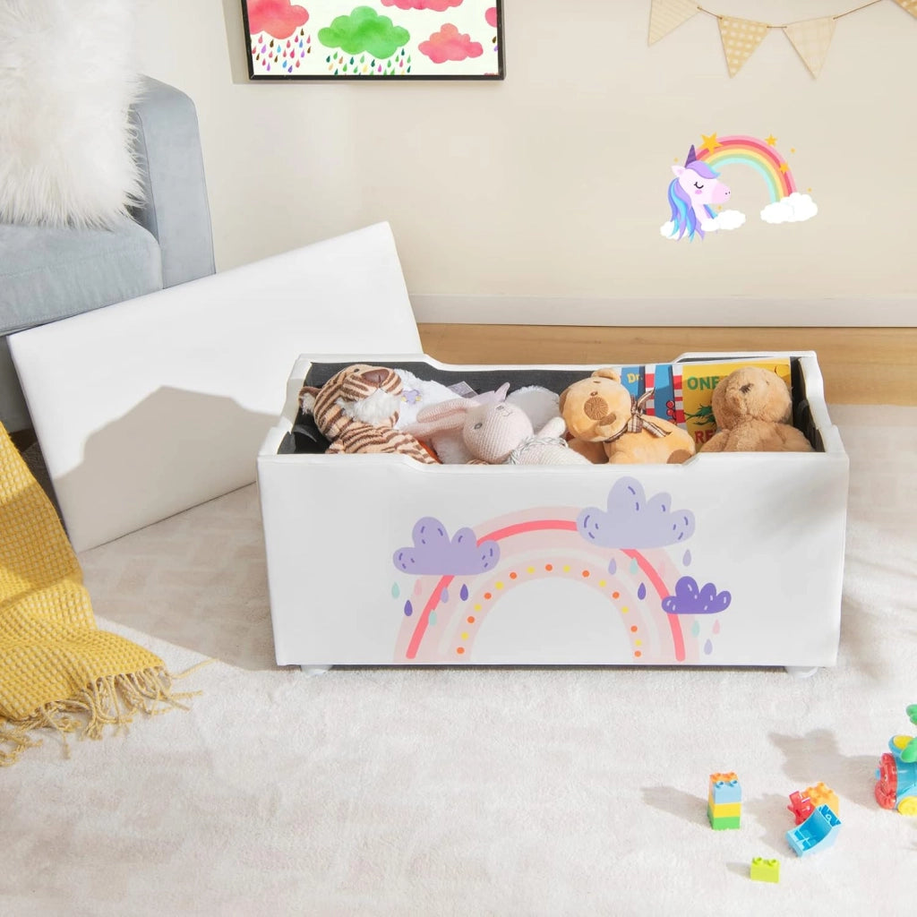 Scatola Portaoggetti con Coperchio Rimovibile, Piedini Regolabili e Maniglie in Tessuto, Scatola Imbottita in MDF PVC, Scatola Giocattolo per Bambini, 75 x 36 x 38, Bianco - Arcobaleno