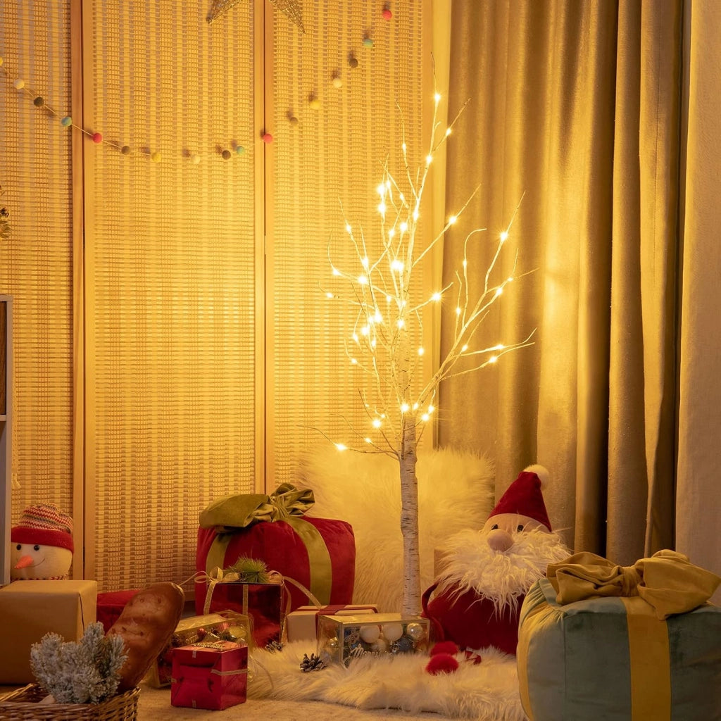 Albero Artificiale Illuminato 120 cm con Rami di Betulla, Albero di Natale Bianco con Luci LED Calde e Bianche, Decorazione per Interno per Natale Pasqua