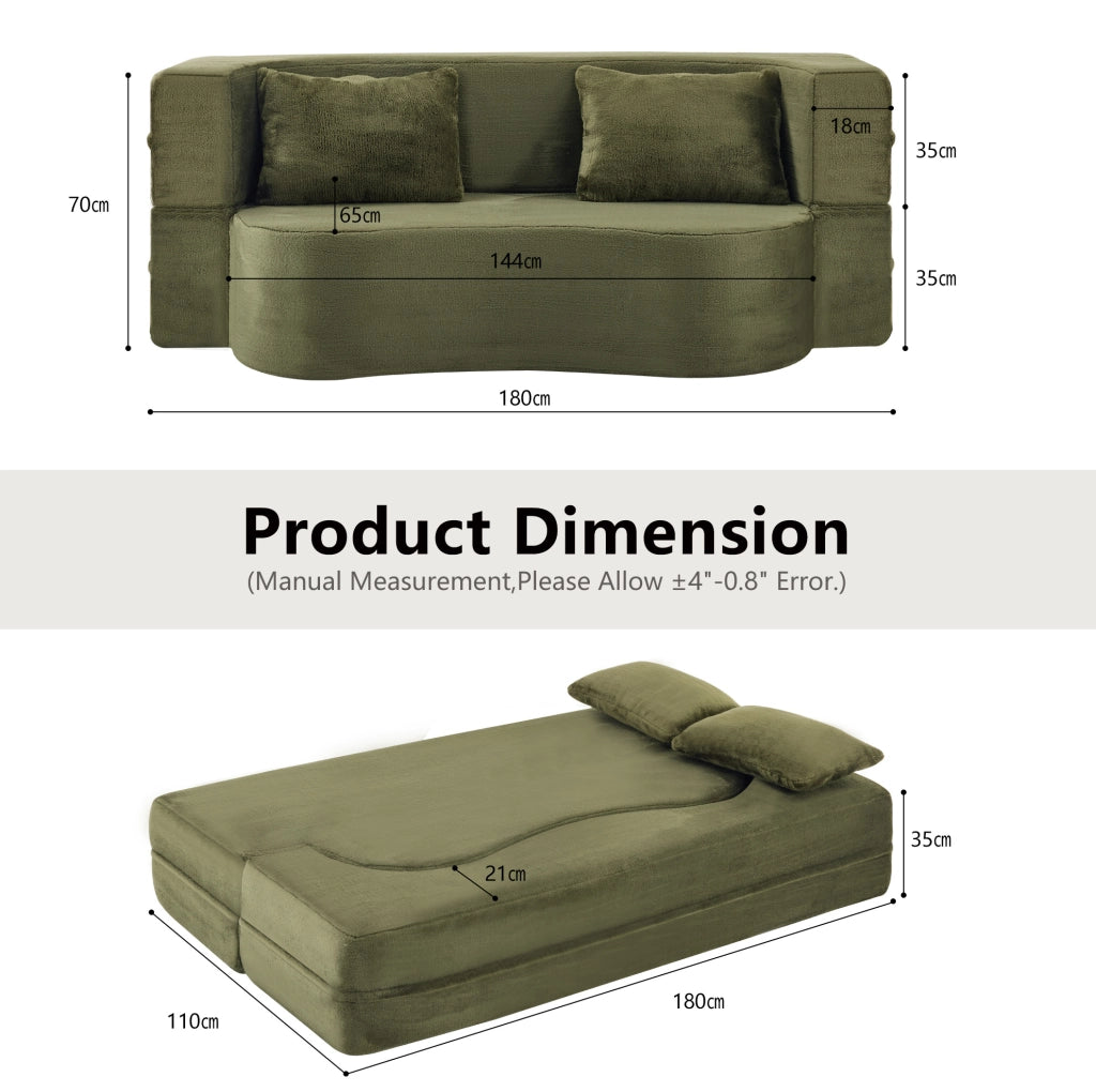 Divano letto 180x110x70 cm verde in schiuma， senza montaggio， 2 cuscini
