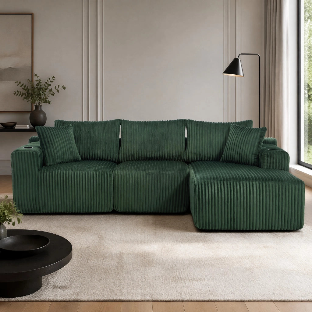 DIVANO modulare con chaise longue e 2 posti 257x90-160x62 cm corduroy verde smeraldo