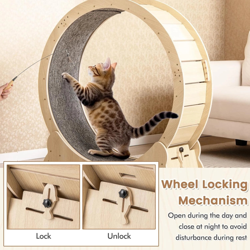 Ruota per Esercizi per Gatti 106 cm in Legno, Tapis Roulant per Gatti con Tappeto Staccabile e Bacchetta per Gatti，Ruota Corsa Allenamento Interno Silenziosa