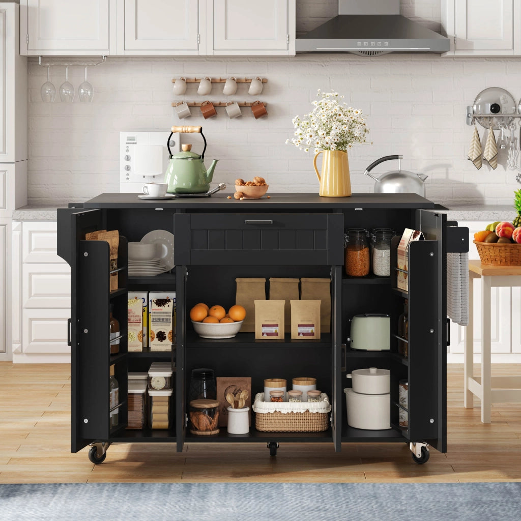 Isola cucina con piano ribaltabile e ruote, 4 ante e 1 cassetto, nera, 120x45(70)x95 cm