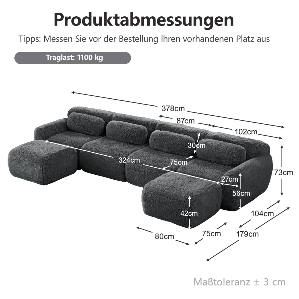 Divano modulare a U in tessuto plush grigio 378x179x73 cm; senza montaggio