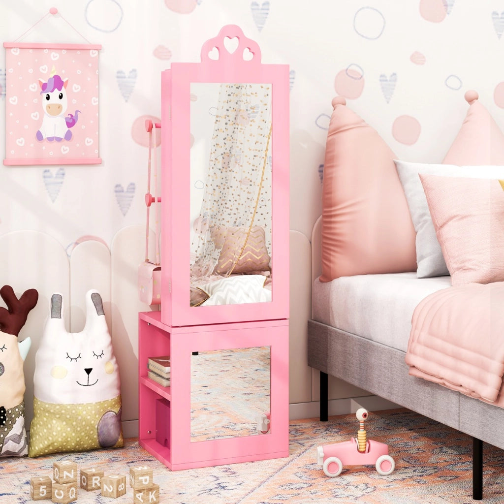 Armadio portagioie per bambini con specchio a figura intera e appendiabiti, Armadio porta abiti 3 in 1 per ragazze Rosa-Armadietti per gioielli