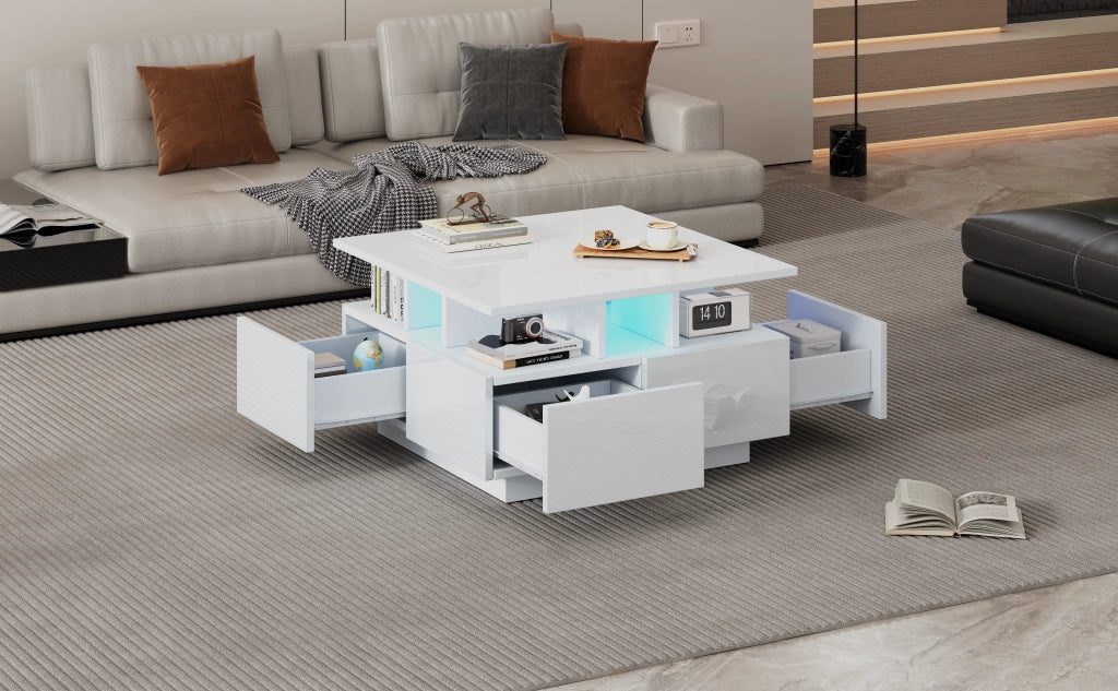 TAVOLINO DA SALOTTO 70x70x40 cm Bianco Lucido con 4 Cassetti e LED