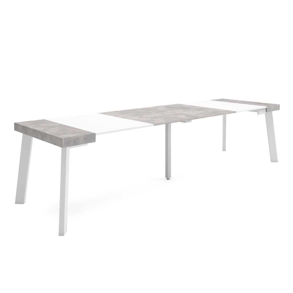 Consolle allungabile, 302x90x73cm, Per 14 persone, Gambe in legno, Bianco e grigio cemento RF3108