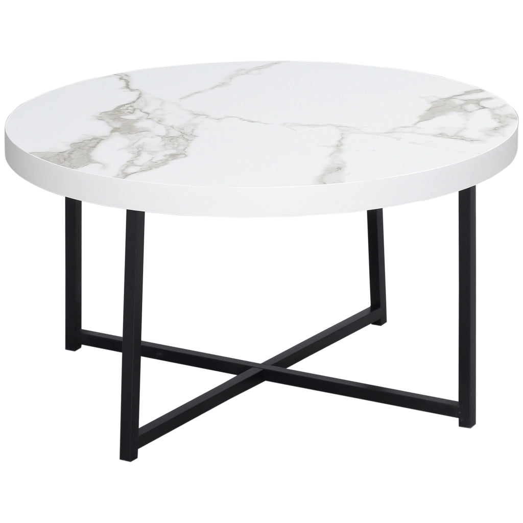 Tavolino da caffe' rotondo con piano effetto marmo e gambe metallo ¨C Zephmum ¨C Bianco 80x80x45 cm