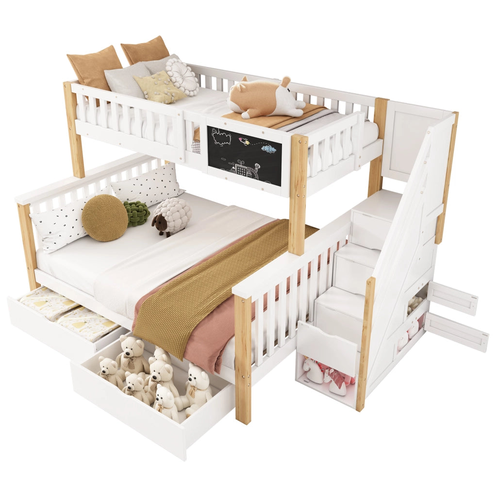 Letto a castello multifunzionale per bambini con lavagna e cassetti, bianco e rovere chiaro, 90x200 cm + 140x200 cm