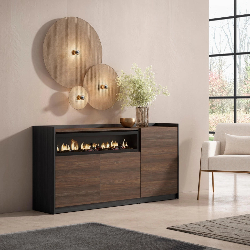 Credenza, Mobile, Cucina, 156x80x37 cm, 3 Porte, Camino elettrico, Rovere scuro e Nero