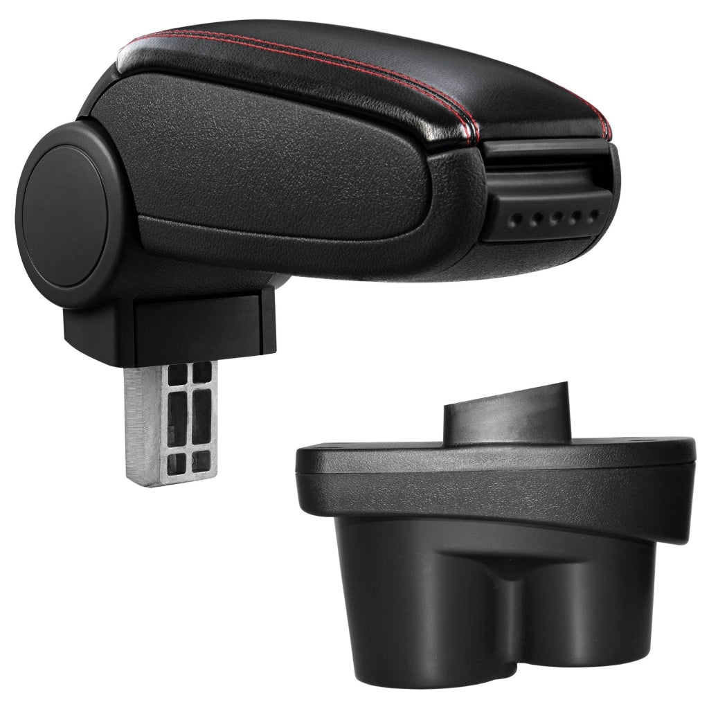 Bracciolo centrale per Opel Corsa E con scomparto imbottito pelle sintetica nera con cuciture rosse 03_0000583