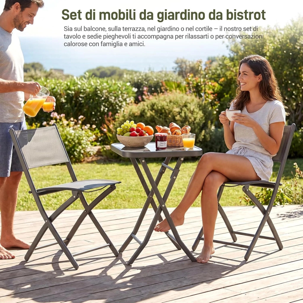 Set da Bistrot 3 Pezzi, Set Mobili Pieghevoli Include 1 Tavolo e 2 Sedie, Resistente alle Intemperie e Traspirante, per Piccoli Balconi e Giardini, Grigio