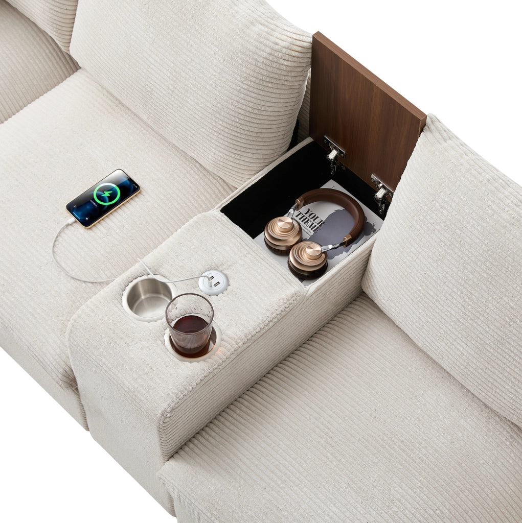 Divano angolare 229x149.5x83 cm con console centrale; porte USB e tasche portaoggetti in corduroy beige