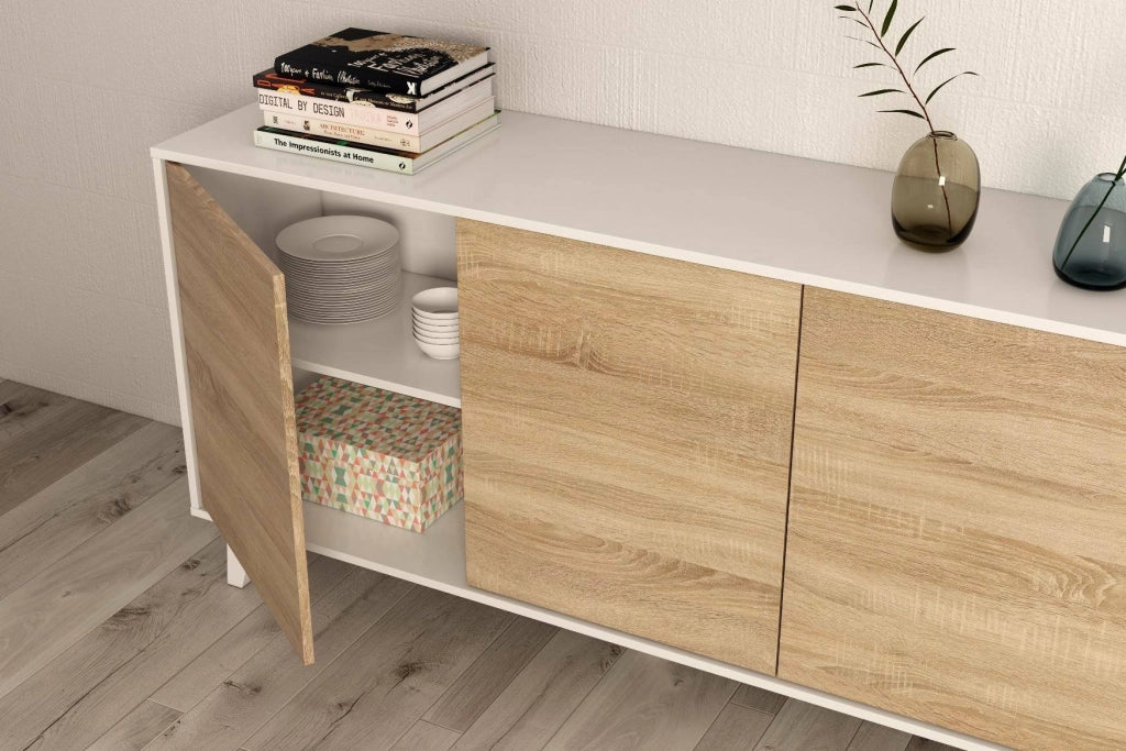 Credenza Acrolorum, Madia moderna a 3 ante e ripiani, Buffet da cucina, Buffet di design da soggiorno, cm 154x40h75, Bianco lucido e Bianco