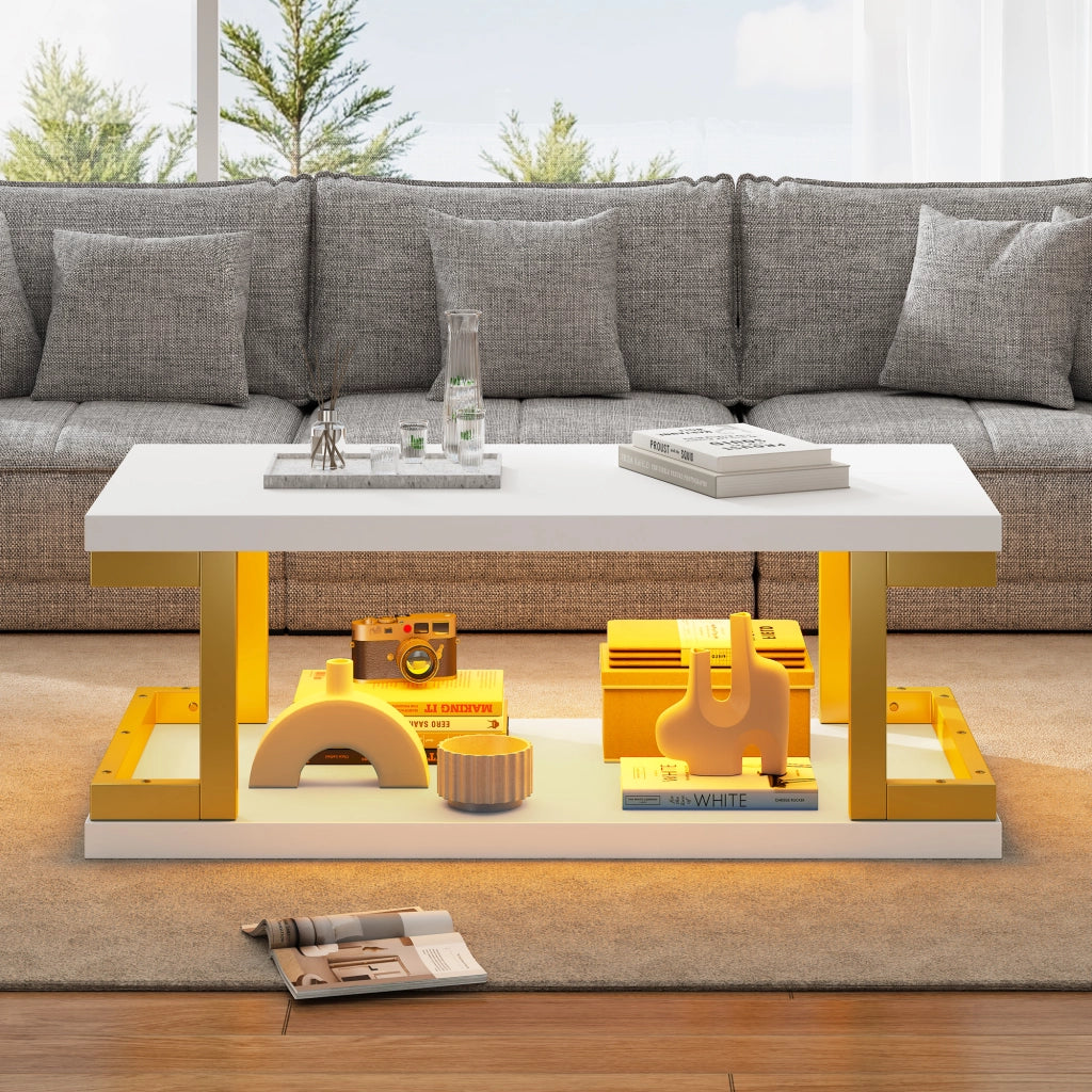 Tavolino basso con LED e 2 ripiani aperti per soggiorno e studio in MDF e metallo bianco e oro 100 × 50 × 37,5 cm