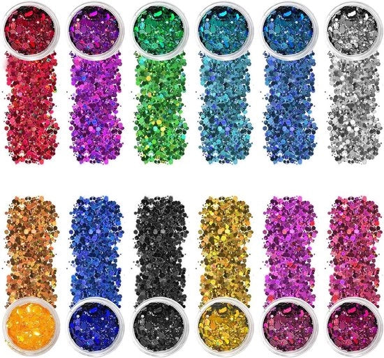 Set di Paillettoni Premium - 12 pezzi - Per Faccia, Capelli, Festa di Halloween - Luminoso Brillante - Varie Colori - Paillettoni per il Corpo.