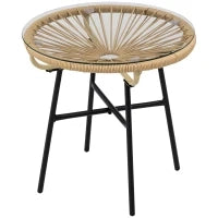 Tavolino da Giardino Rotondo Stile Boho in Rattan PE e Vetro, Ø50x50cm, Beige