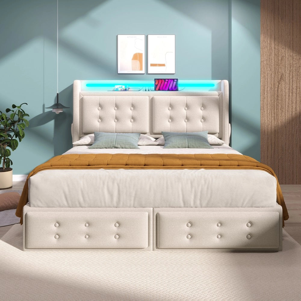 Letto imbottito matrimoniale con testiera LED cassetti ¨C Minimal ¨C beige tessuto 160x200 cm