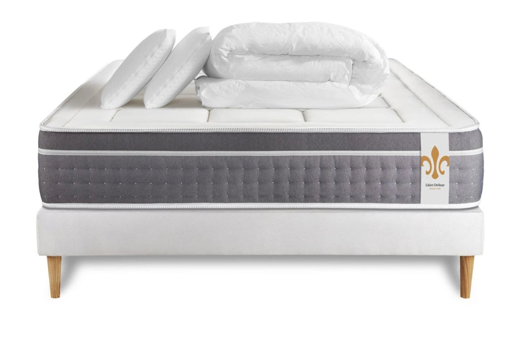 Pacchetto letto completo - Materasso 140x190cm + Box spring con doghe (in kit) + 2 cuscini + Piumino - Trente