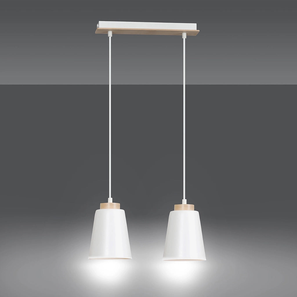 Lampadario 2 Luci Lancillotto Con Paralumi A Cono In Acciaio Bianco E Legno Naturale