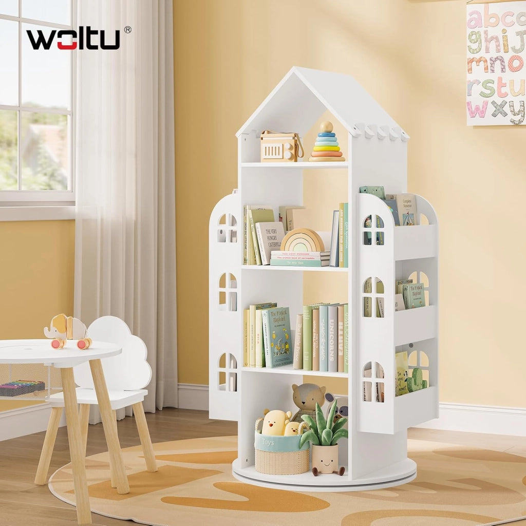 Libreria Bianca per Bambini Girevole, Mobile Portaoggetti per Bambini a 4 Livelli con 2 Spazi di Archiviazione Laterali, a Forma di Casa, 63x59x125cm