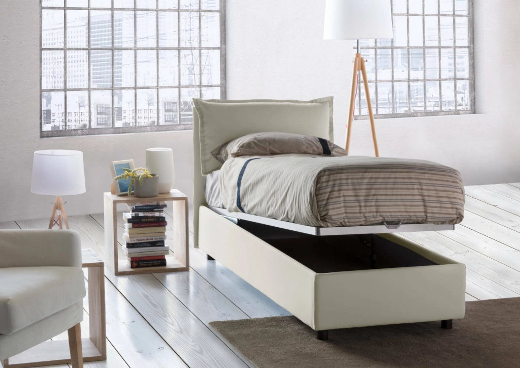 Letto singolo Arzon, Letto contenitore con rivestimento in tessuto, Made in Italy, Apertura frontale, con materasso cm 90x200 incluso, Beige