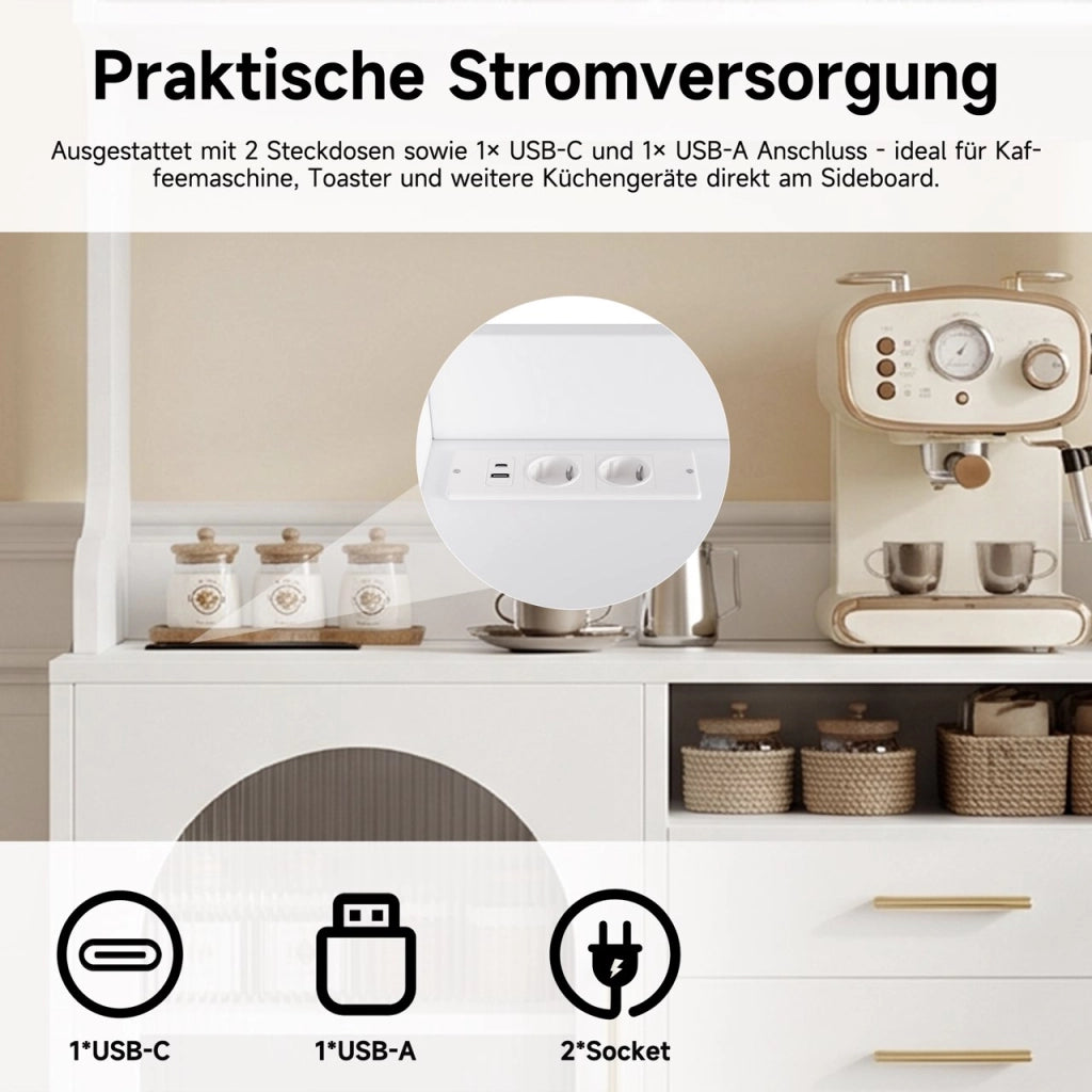 Credenza e madia con 2 prese e porte USB-A e USB-C, per cucina e sala da pranzo, bianco, 100,5 × 40 × 178 cm