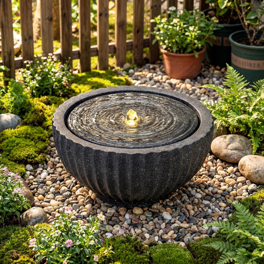 Fontana da Giardino, Fontanella Elettrica da Interno ed Esterno con Luci e Flusso d'Acqua Regolabile, Fontana a Forma di Ciotola con Effetto di Pietra da Terrazza e Balcone