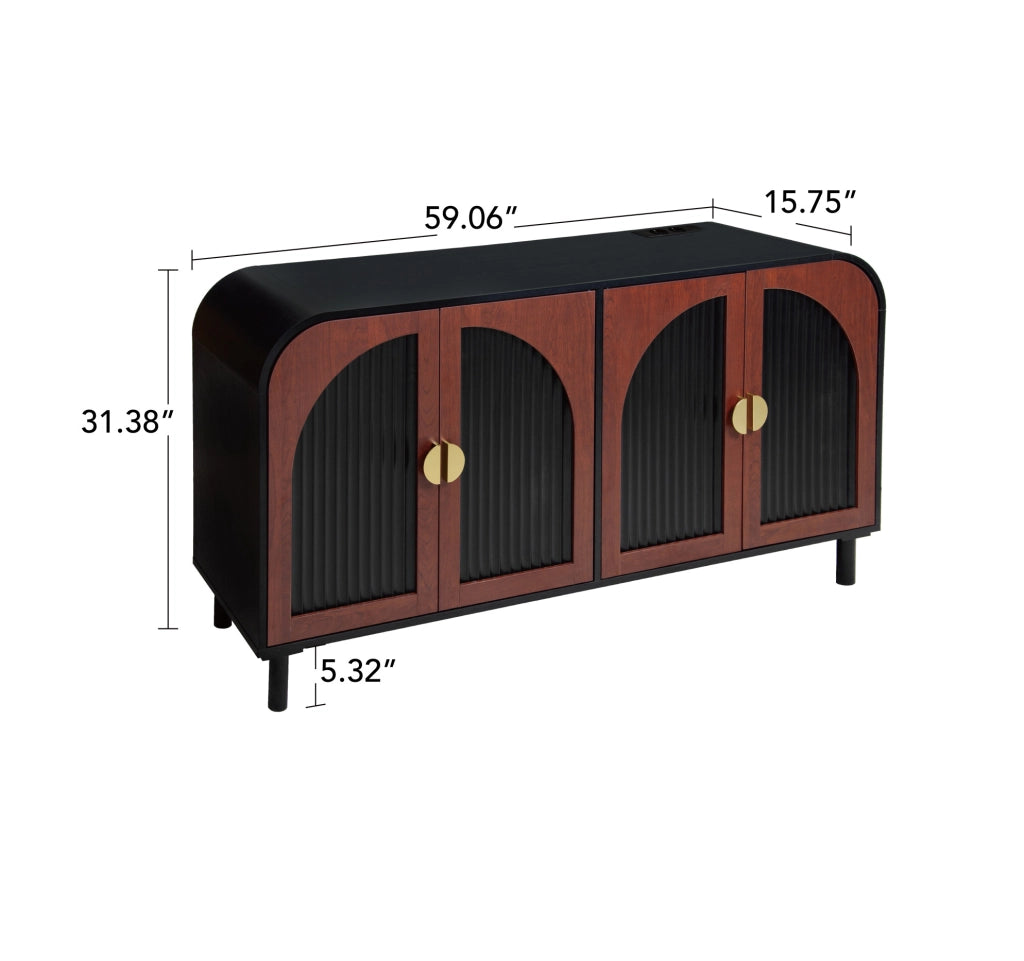 Credenza retrò 150 cm a 4 ante con frontali curvi e ripiani regolabili; nero/noce scuro