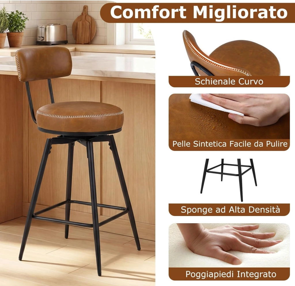 Set di 2 Sgabelli Girevoli, Sedie da Bar Moderne con Schienale Imbottito, Poggiapiedi e Gambe in Metallo, Sgabelli Imbottiti in Similpelle per Isola Cucina e Sala da Pranzo (Marrone, Rotondo)