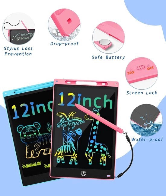 Tavolo da disegno portatile LCD da 12 pollici, 2 pezzi di tavolo da disegno magico portatile, piatto da disegno colorato per bambini, giocattolo per bambini in viaggio per bambini di 2-7 anni