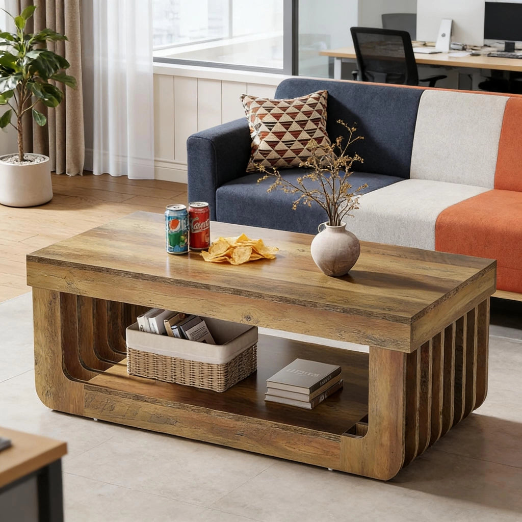 Tavolino basso con ripiano inferiore e vani aperti, stile rustico, per soggiorno, in MDF marrone, 120 × 60 × 45 cm