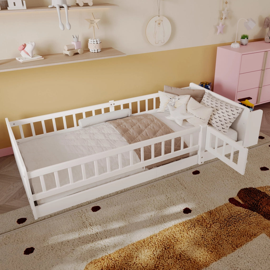Letto per bambini in pino bianco 90x200 cm con contenitore aperto e scaffali, senza materasso