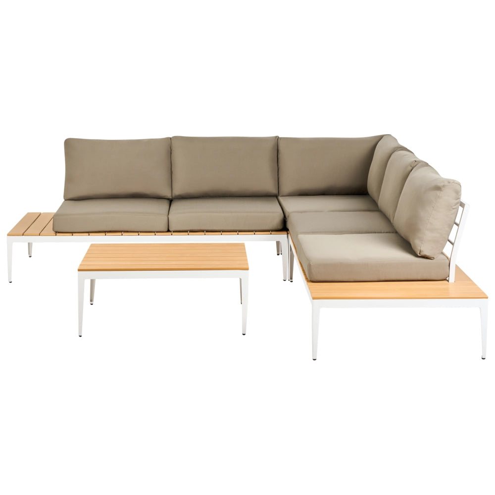 Set divano ad angolo da giardino cuscini grigi tavolo design a doghe set moderno da conversazione a 5 posti