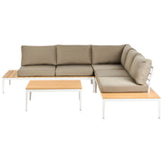 Set divano ad angolo da giardino cuscini grigi tavolo design a doghe set moderno da conversazione a 5 posti